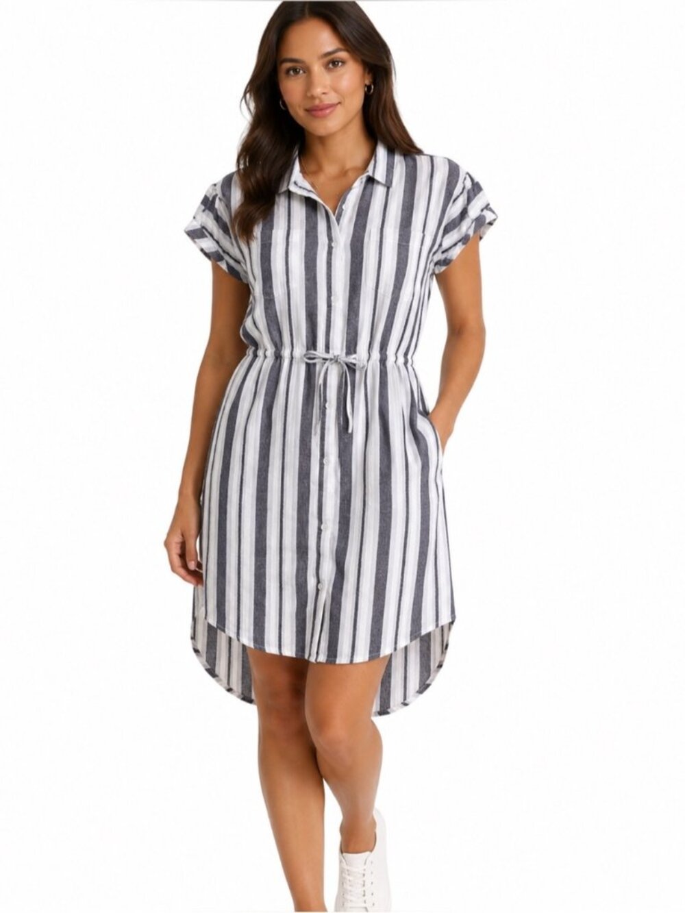 Japna Blue and White Striped 100% Cotton Button Up Shirt Dress Medium - 588